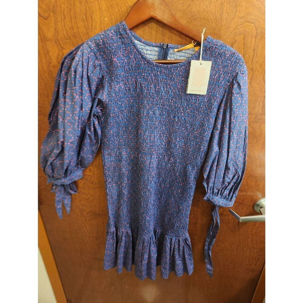 NW0T Oliphant Morocco Smocked Tie Midi Dress In Navy And Pink sz Small